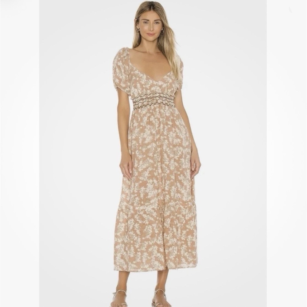 FREE PEOPLE Small Ellie Printed Brown Floral Maxi DRESS Peasant Bohemian Cottage